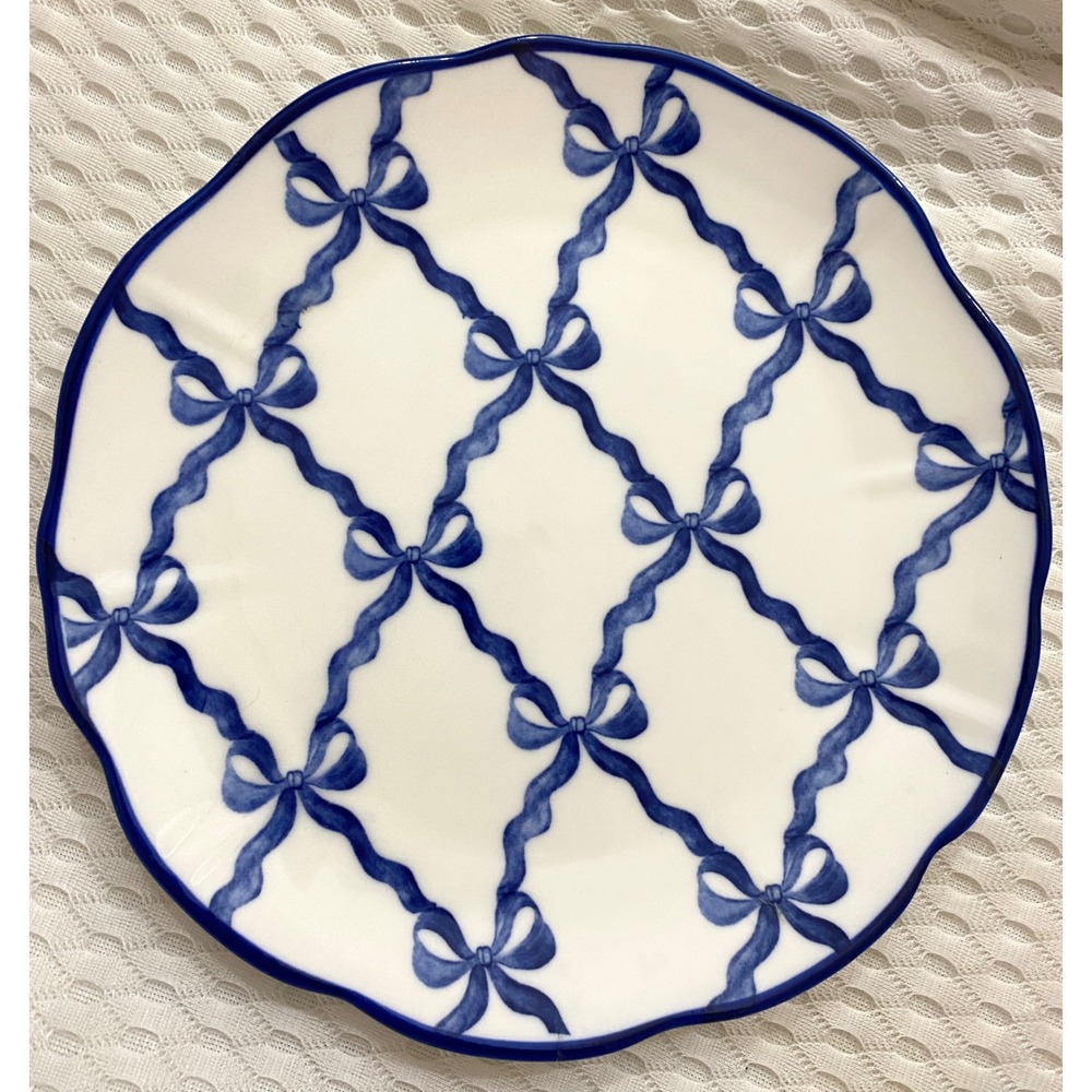 Dwell Essentials Blue Ribbon Bow Trellis Scalloped Ceramic Plate 8 inch